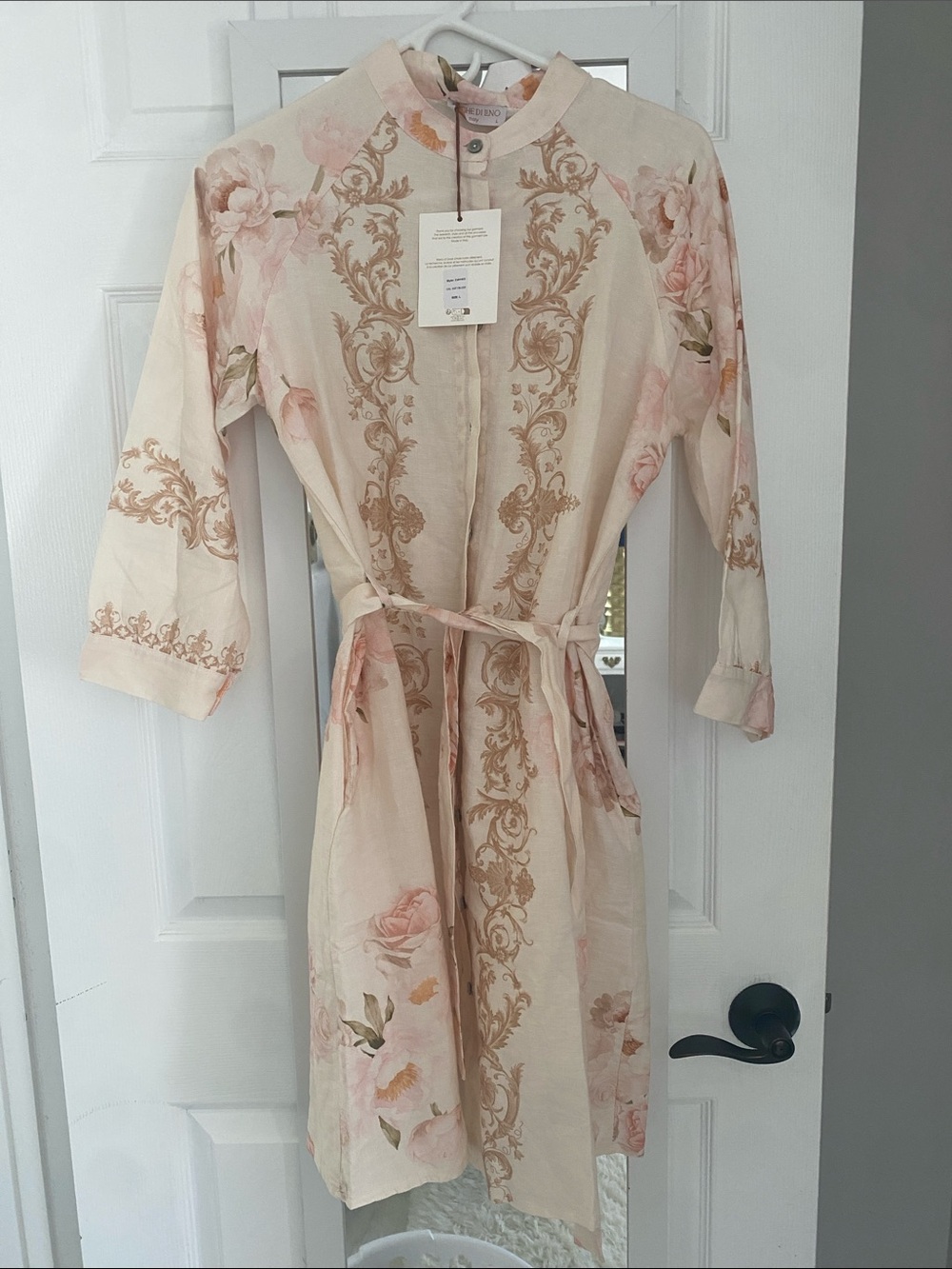 Light Pink Floral Tie-Waist Midi Dress with Baroque Motif